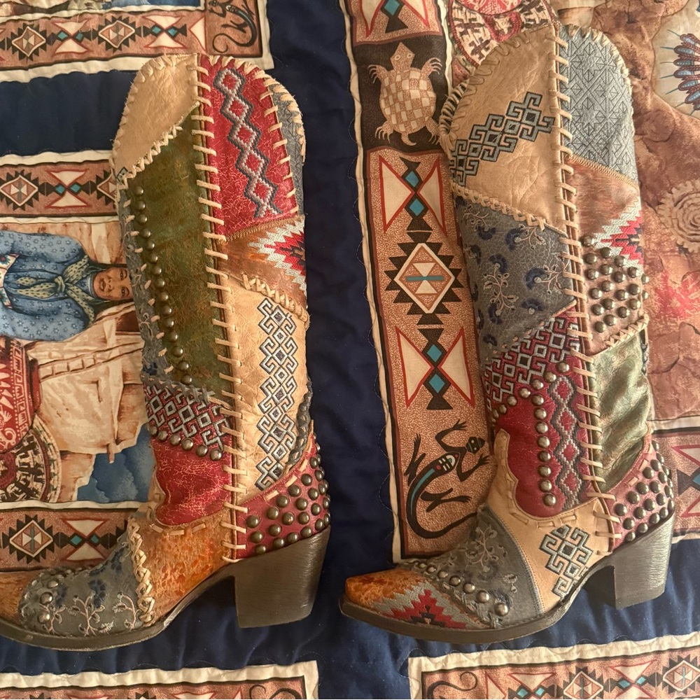 DOUBLE D RANCH Patchwork Embroidered Studded Knee-High Boots - Multicolor by OG